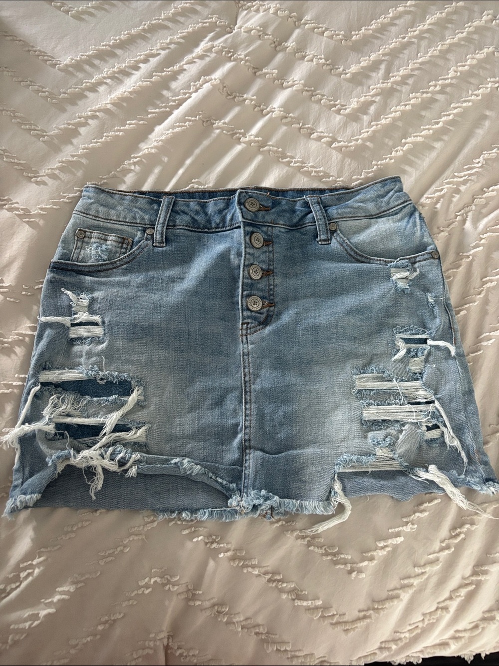 Altar'd State Light Blue Distressed Button-Front Denim Mini Skirt
